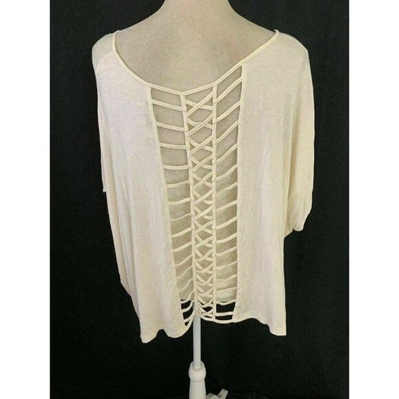 Ya Los Angeles Womens Solid Ivory Cream Beige Short Sleeve Top Lace Up Small - Picture 4 of 7
